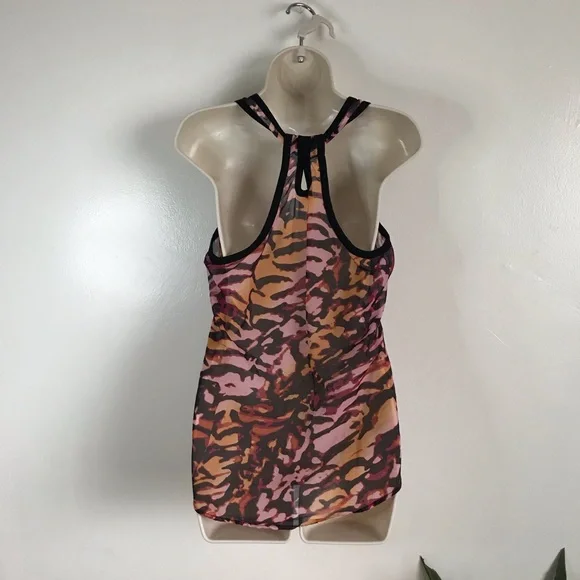 XHILARATION Sheer Black Orange Animal Print Pleated Center Racerback Tank Wmn M - Picture 7 of 13